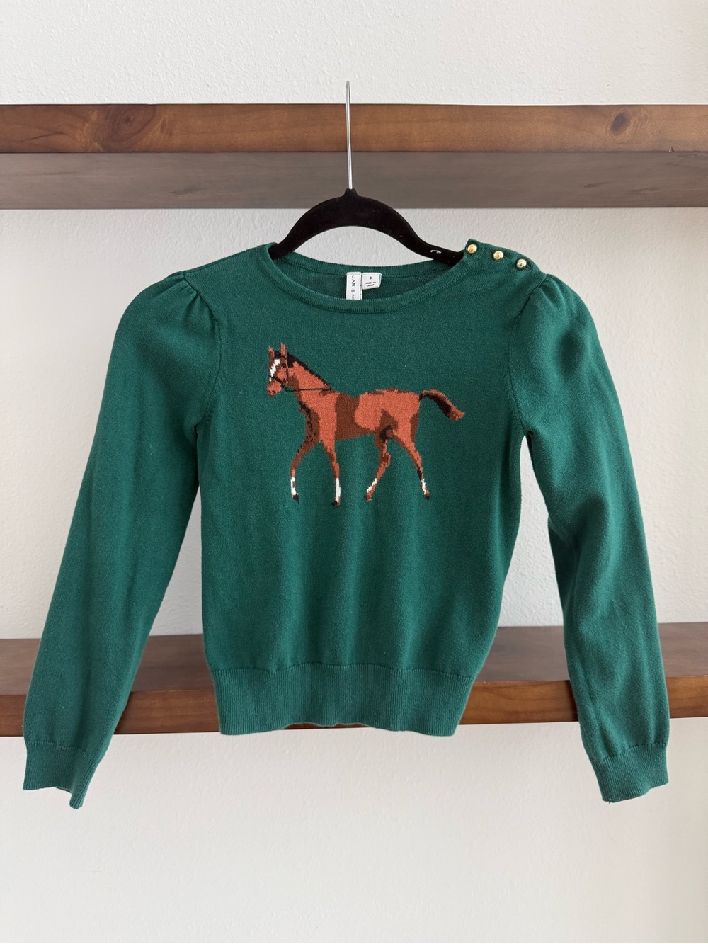 Janie and Jack Green Horse-Intarsia Crewneck Sweater with Gold Buttons